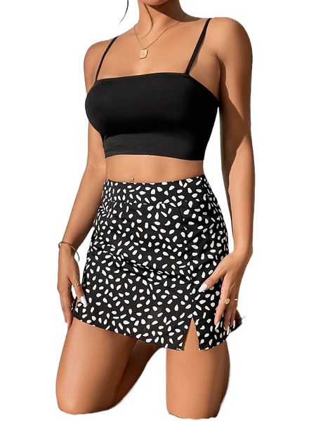 

petite crop cami & allover print split hem skirt f8ft#, White