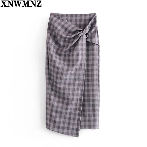 

xnwmnz za women checked skirt with knot highwaist midi decorative front hem vent invisible zip chic s 210513, Black