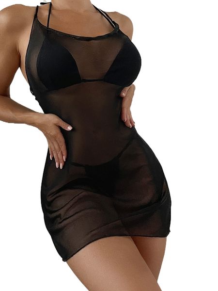 

crisscross back mesh cover up dress g8oa#, White;black