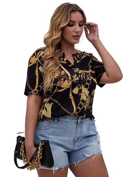 

plus notched neck chain print blouse r2wr#, Black