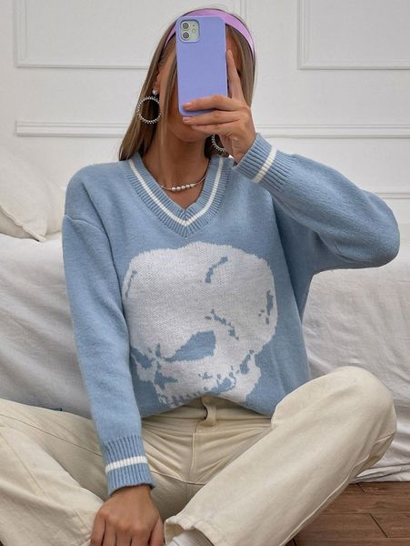 

skull pattern contrast binding v neck sweater k6fc#, White;black