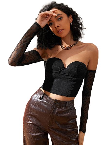 

off shoulder grid sheer mesh sleeve crop f9xn#, White