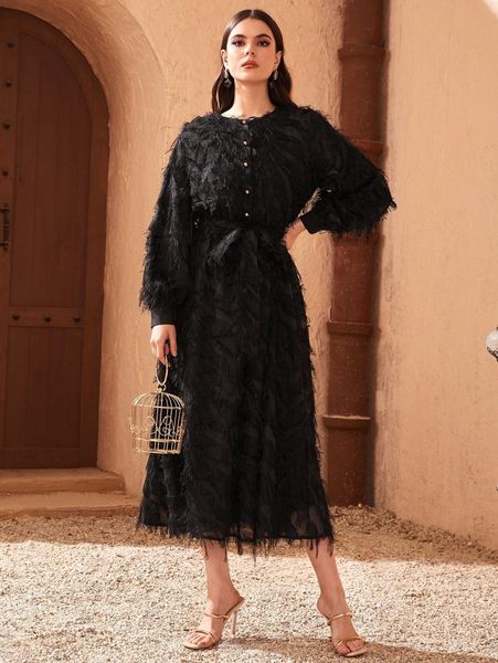 

button front lantern sleeve self belted fluffy dress x9qj#, Black;gray