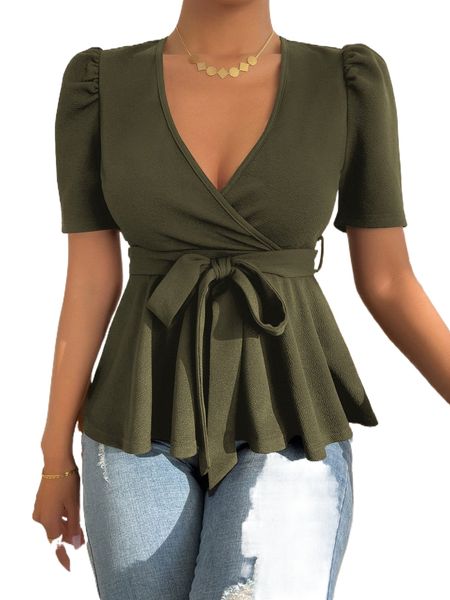 

puff sleeve surplice neck belted peplum tee m85h#, White