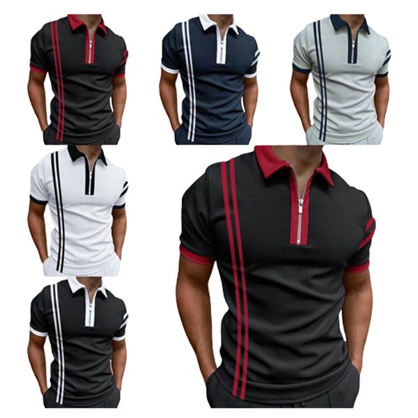 

2022 summer new stripe color golf polos t-shirt for men slim fit zipper lapel short sleeve casual print polo tshirt 2022pls-2, White;black