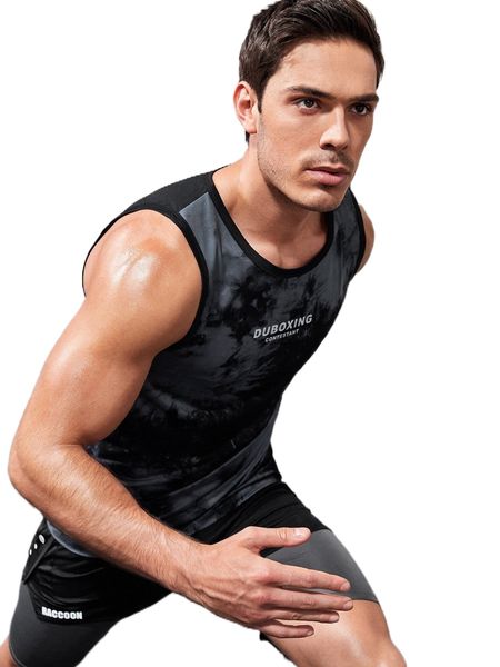 

men tie dye letter graphic contrast binding sports tank k4af#, White;black