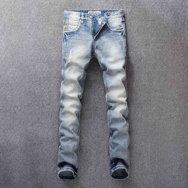 

men's jeans fashion street fashion light blue men's jeans with holes washed and whitened ins elastic slim fit pants gv67