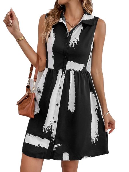 

graphic print button front shirt dress k0bh#, Black;gray