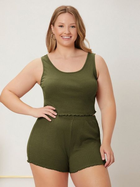 

plus solid rib-knit crop tank & shorts pj set y2uv#, Black;white