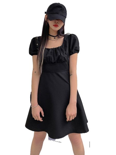 

dazy ruched puff sleeve square neck dress k9yf#, Black;gray