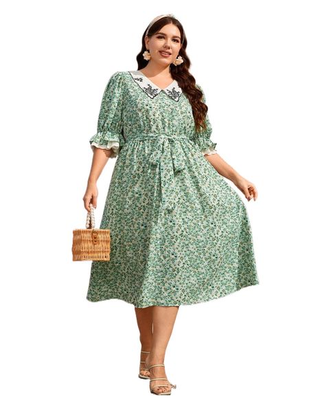 

plus ditsy floral print floral embroidery flounce sleeve belted dress s413#, Black
