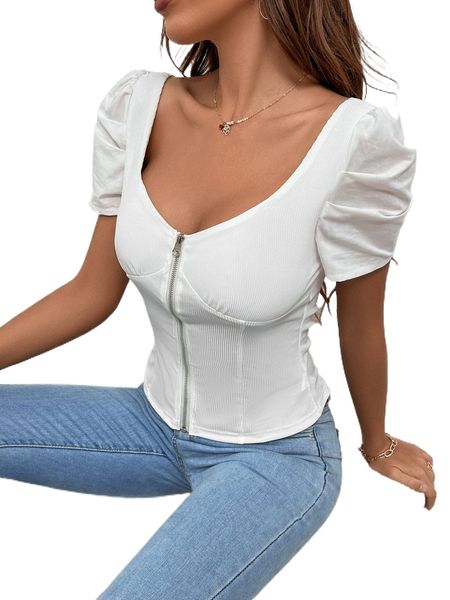 

puff sleeve zip up bustier t7hb#, White