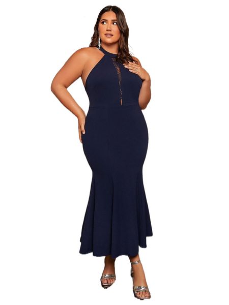 

plus solid backless halter dress f7gs#, Black