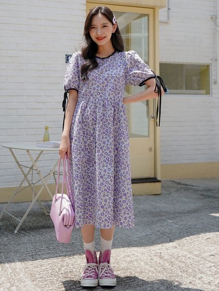 

dazy allover floral binding knotted cuff puff sleeve smock dress q5kw#, Black;gray