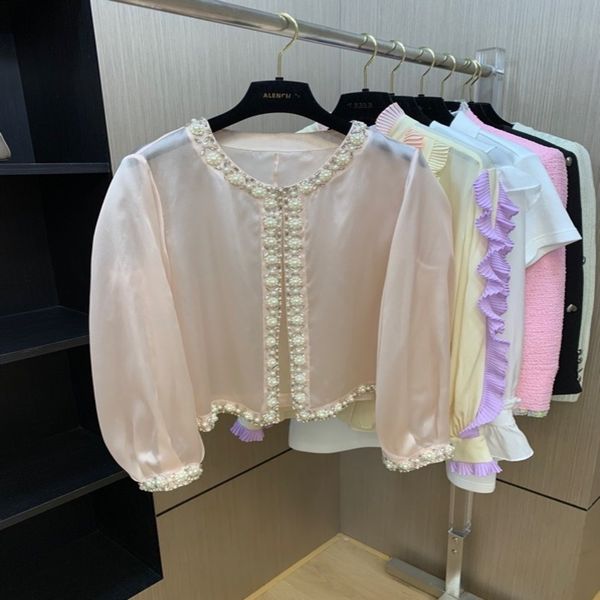 

women's tanks camis heavy industry nail bead organza loose and versatile pink top, White