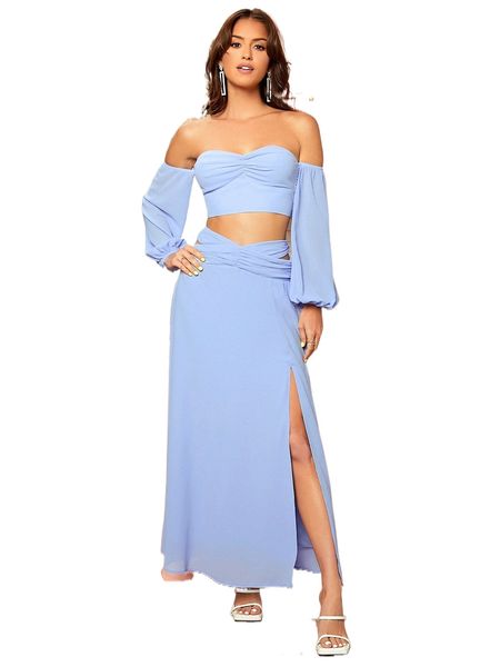 

lantern sleeve bardot & split thigh skirt set u1fn#, White