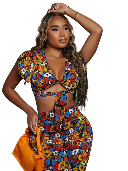 

sxy 1pc allover floral print twist tie front crop n7el#, White