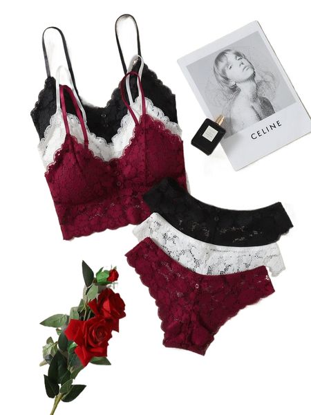 

3sets floral lace lingerie set d0mg#, Black;red
