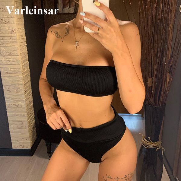 

ribbed strapless high waist bikini female swimsuit women swimwear two-pieces bikini set bandeau bather bathing suit v2331b, White;black