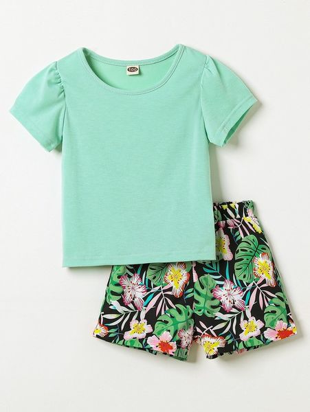 

toddler girls puff sleeve tee & tropical print shorts she, White