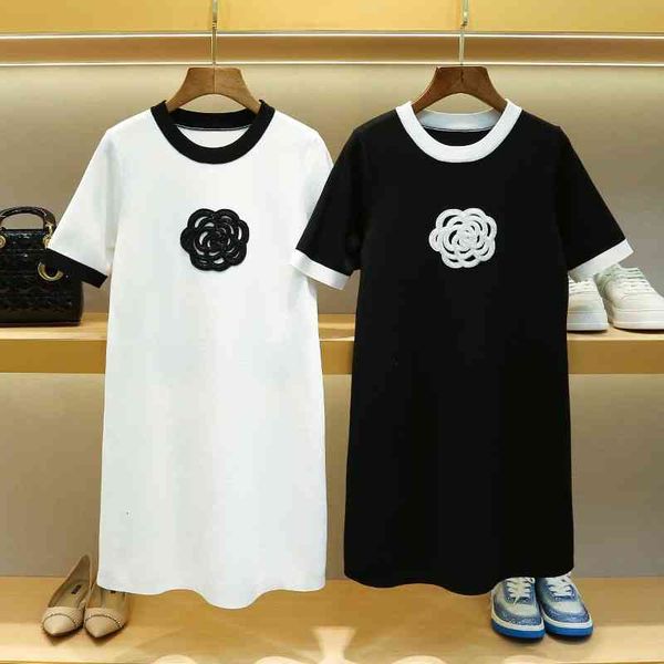 

casual dresses light luxury summer women's round neck heavy industrial nail zhushan camellia medium length knitted dress, Black;gray