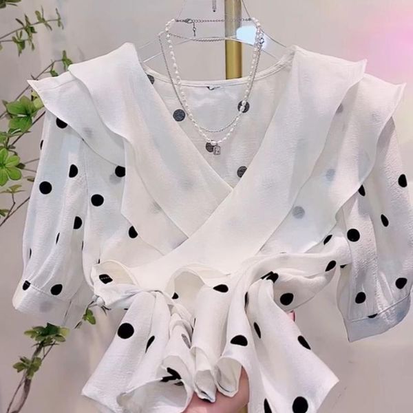 

women's t-shirt gentle elegant polka dot short sleeve shirt women 2022 spring summer ruffled white pullover blouse crop camisas de muje