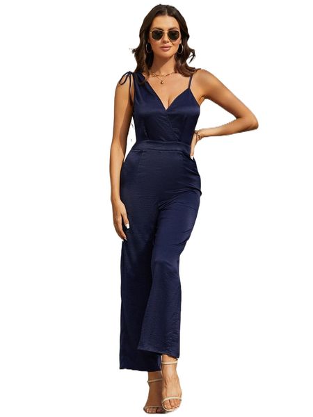

knot detail asymmetric neck straight leg jumpsuit g9ix#, Black;white