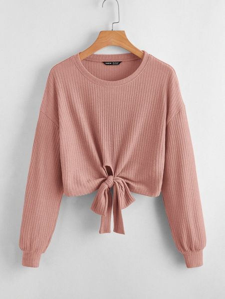 

tie hem drop shoulder rib-knit y14l#, White