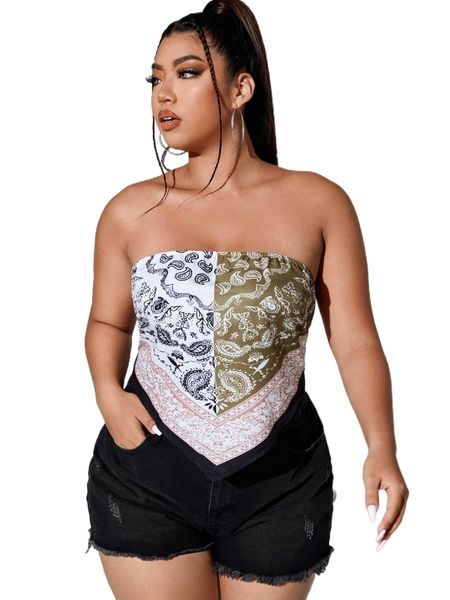 

plus paisley print backless knot bandana hem tube b4ft#, Black