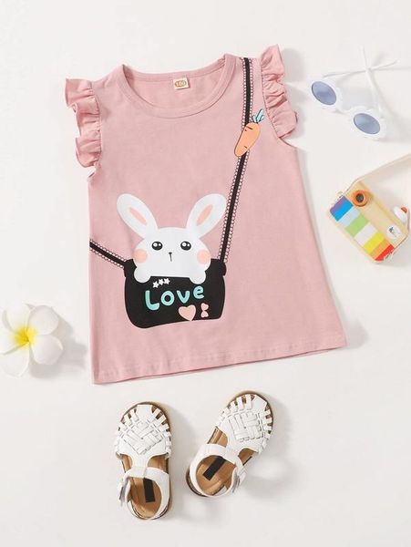 

toddler girls cartoon rabbit print ruffle trim tank she, Blue
