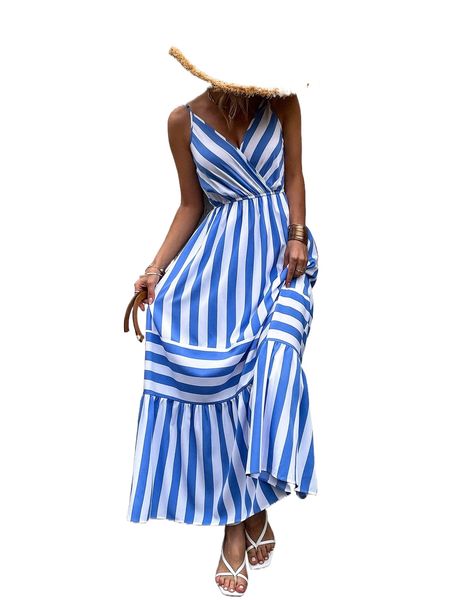 

striped ruffle hem cami dress m1cb#, Black;gray