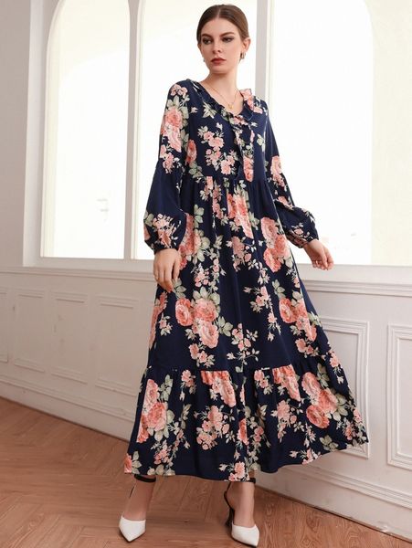 

floral print lantern sleeve ruffle hem smock dress l5mr#, Black;gray