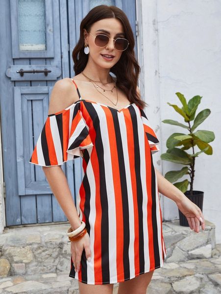 

striped print cold shoulder dress 79k3#, Black;gray