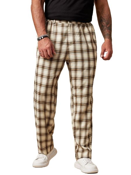 

extended sizes men tartan print straight leg pants d771#, Black