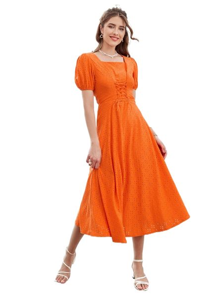 

eyelet embroidery lace up puff sleeve dress 41cm#, Black;gray