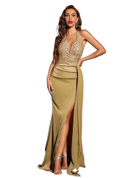 

contrast sequins backless split hem bridesmaid dress 48v9#, White;black