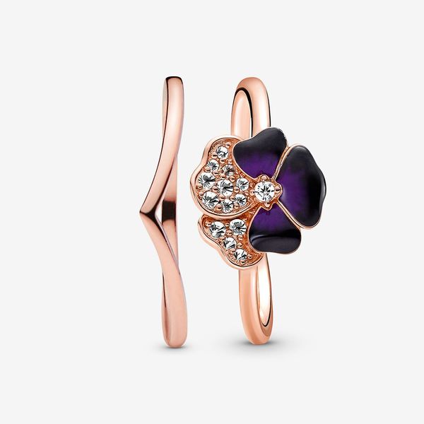 100% 925 Sterling Silver Deep Purple Pansy Flower Wishbone Ring Set per le donne Fedi nuziali Accessori per gioielli di moda