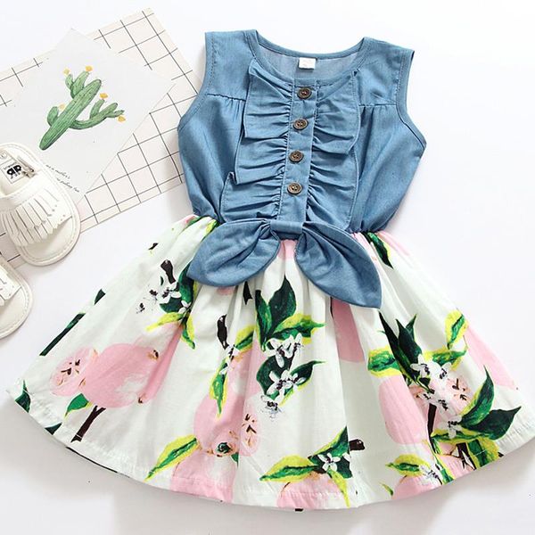 

girls dress summer clothing denim bow stitching lemon print sleeveless fashion sweet cute girl christmas, Red;yellow
