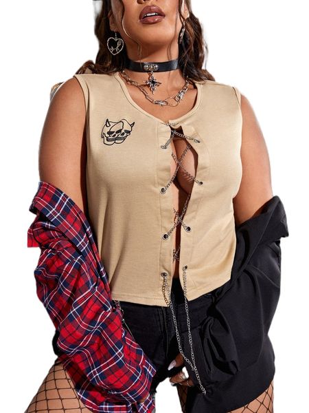 

plus skull print chain detail crisscross tank d3nn#, Black