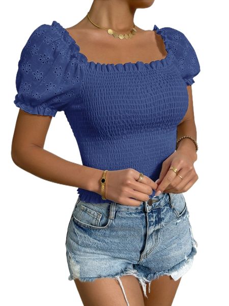 

eyelet embroidery puff sleeve shirred h6tg#, White