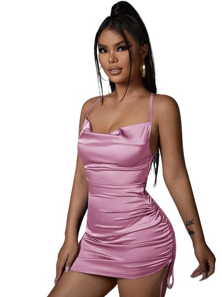 

draped drawstring side lace up backless satin bodycon dress 12f2#, Black;gray