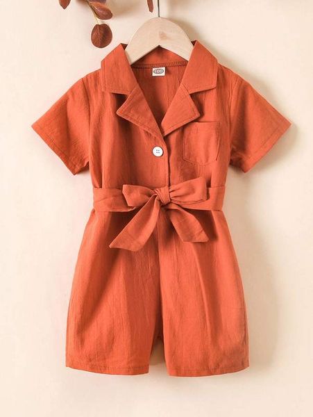 

toddler girls lapel neck pocket patched belted romper she, Blue