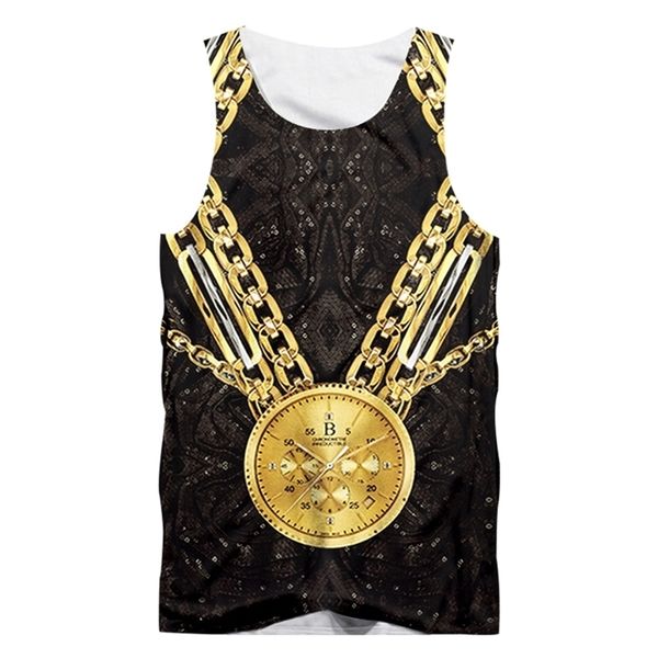 

summer mens vest gold chain watch 3d fashion casual tank loose oversized fitness sleeveless shirts 5xl 220623, White;black