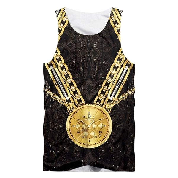 Verão mens colete ouro corrente relógio 3d moda casual unisex tank tops solto oversized fitness sem mangas camisas 5xl 220623