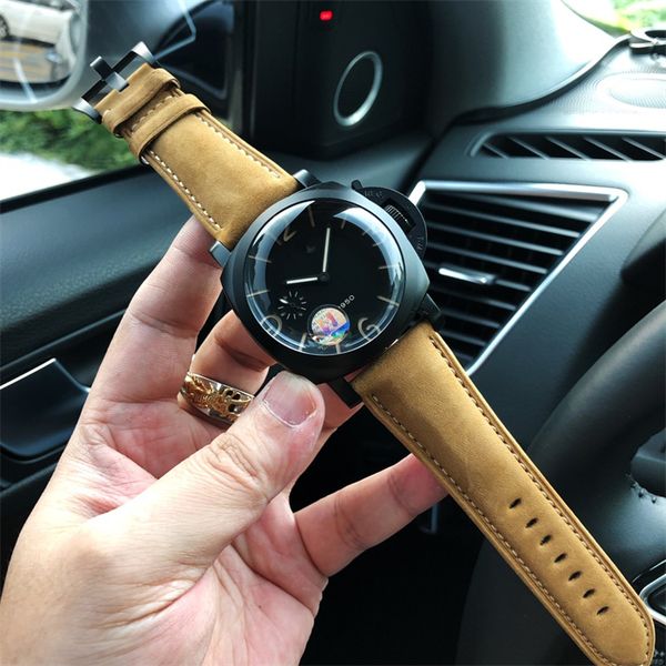 

00375 montre de luxe men watches 47mm manual machine movement 316l steel case leather strap luxury watch wristwatches, Slivery;brown