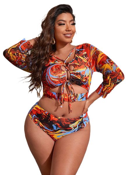 

plus allover print cut out high waist bikini swimsuit k5tw#, White;black
