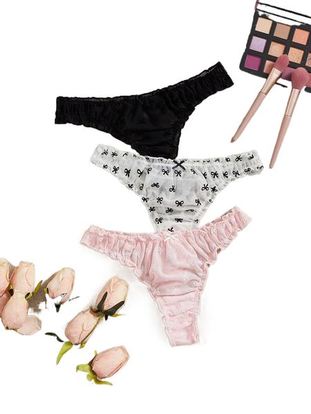 

3pack bow print lettuce trim panty set 43ct#, Black;red