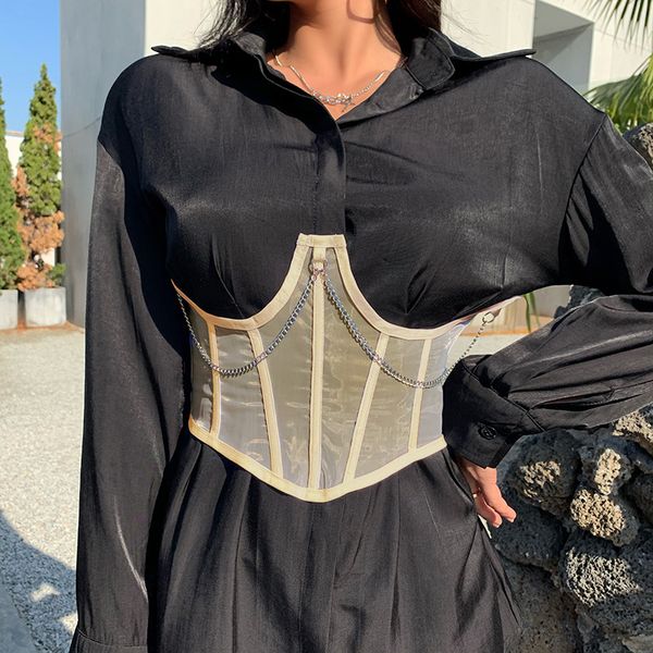 

punk metal chain black corset mall goth high waist corsets harajuku vintage mesh see through waist shaper women corsets