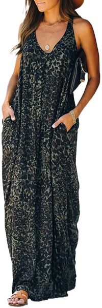 

women summer printed pocket tunic dresses leopard maxi dress t1lj#, Black;gray
