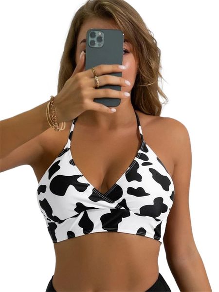 

cow print tie back halter tankini u02w#, White;black